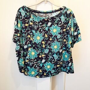 Anthropologie Blue Floral Pajama Top Medium Short Sleeve Cotton Modal Loungewear